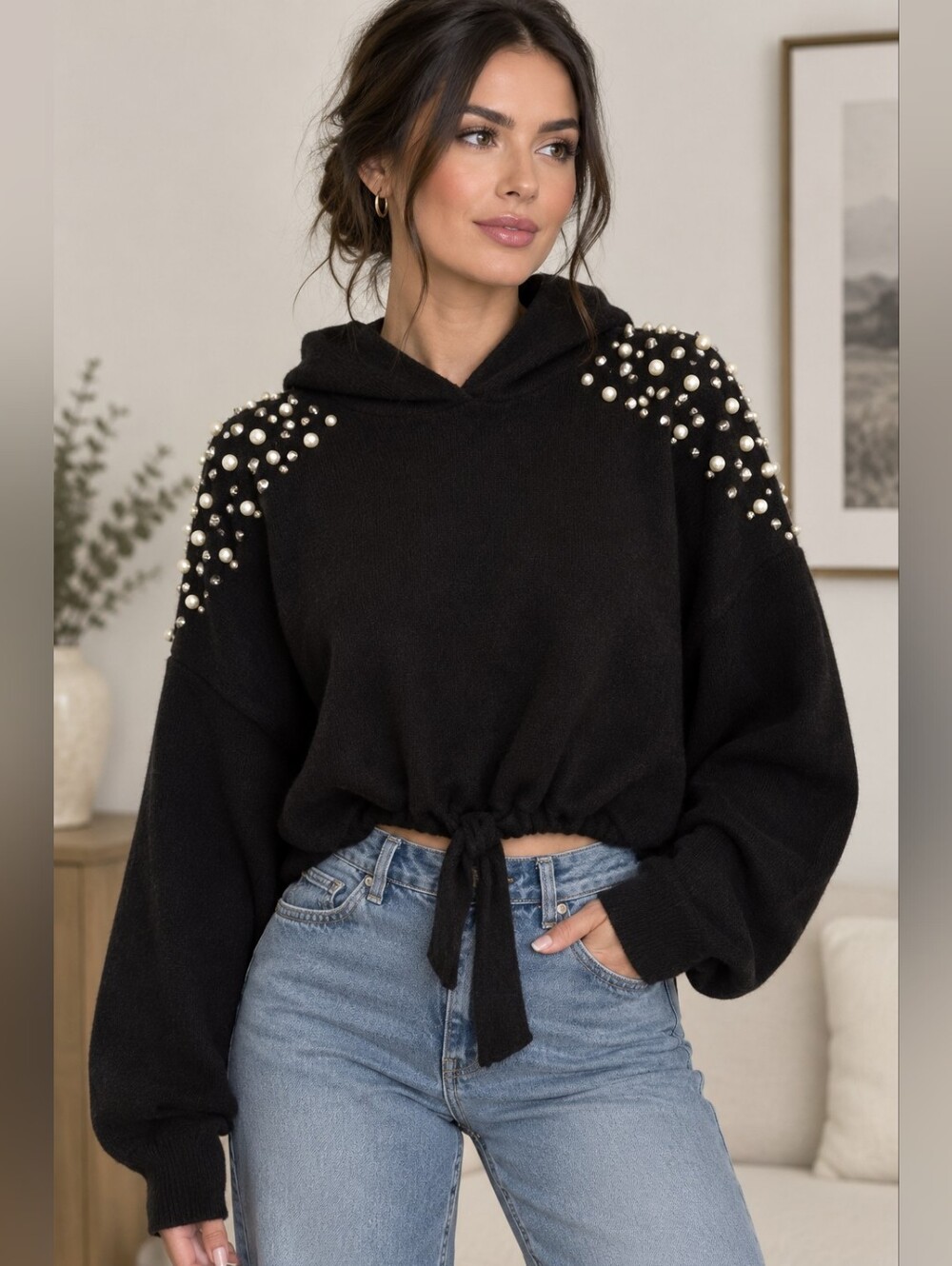 Zara, Black Pearl-Studded Hoodie Slightly Cropped Sweater, Approx. Size US S-L